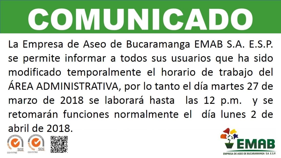 La EMAB S.A. E.S.P. modifica temporalmente horario laboral del Área Administrativa