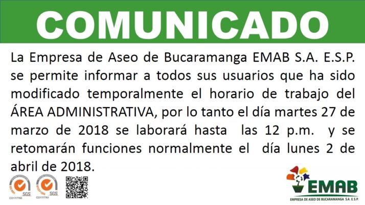 La EMAB S.A. E.S.P. modifica temporalmente horario laboral del Área Administrativa